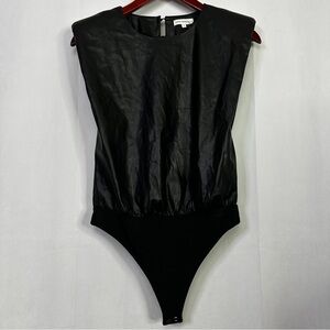 Good American Bodysuit Strong Shoulder Faux Leather Black 1 Womens Elegant